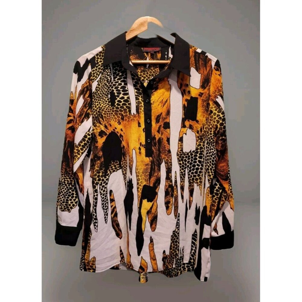 Vtg Mishca 1/4 Button Long Sleeve Giraffe Artsy Print Tunic Top Sz L